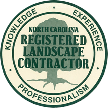 NC Landscape Contractor Badge - Dark green serif type with green tree icon inside light cream circle with dark green border and surrounding sans-serif type